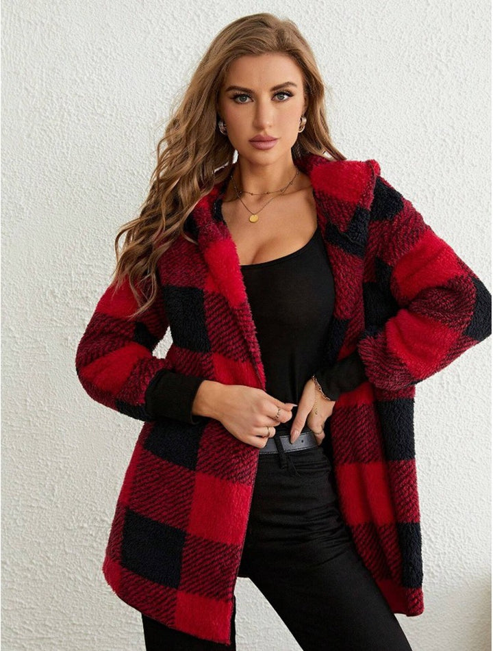 Damen nan karierter Teddy-Mantel mit großem Reverskragen und Rippbündchen Drune