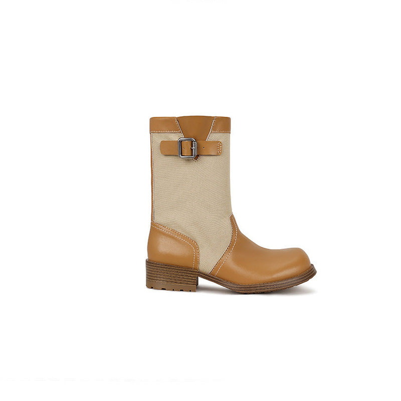 Damen Leder-Leinen Mid-Calf Stiefel mit Schnallenriemen Drune