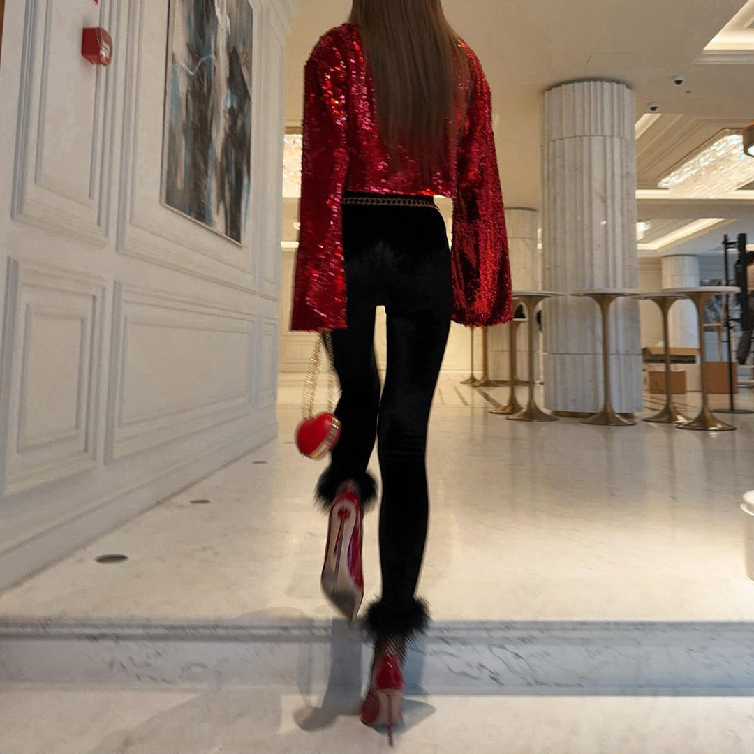 Damen Elegante Samtleggings mit auffälligen Kunstpelzdetails Drune