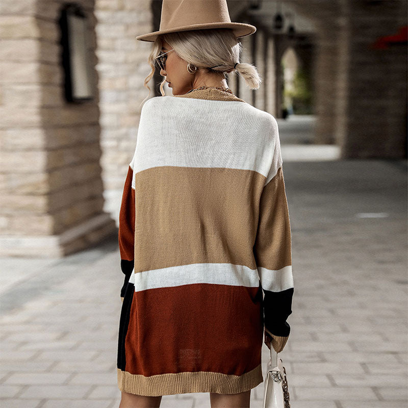 Damen Oversize Strickcardigan mit Colorblock, Knopfleiste und Rippbündchen Drune