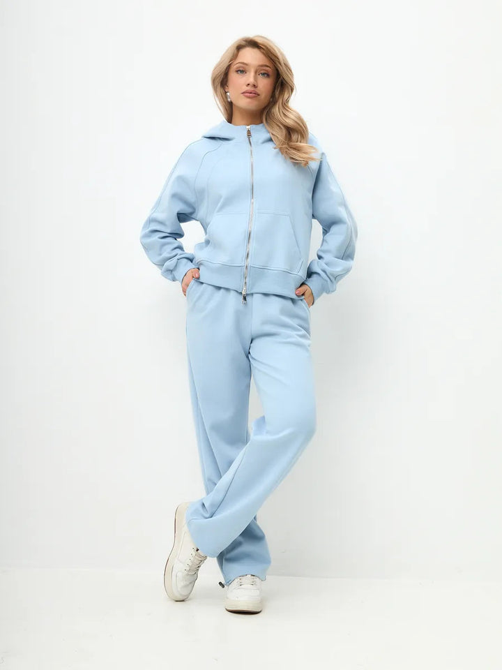 Damen entspanntes Fleece-Zweiteiler Set mit Raglan-Kapuzenjacke, durchgehendem Reißverschluss und gerader Relax-Jogginghose Drune