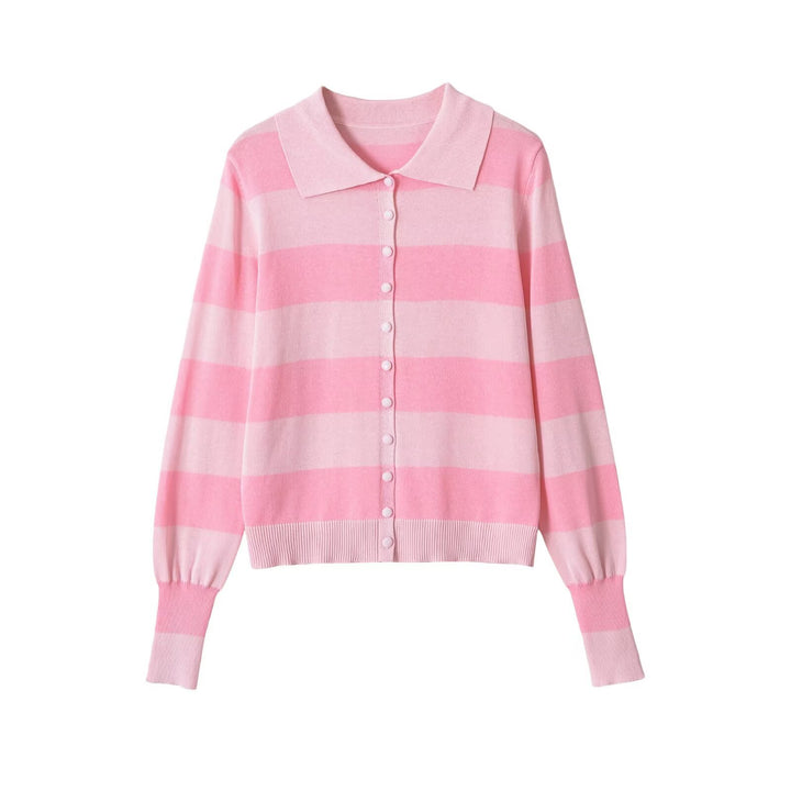 Damen Leichte gestreifte Strickjacke mit Polokragen und Knopfleiste Drune