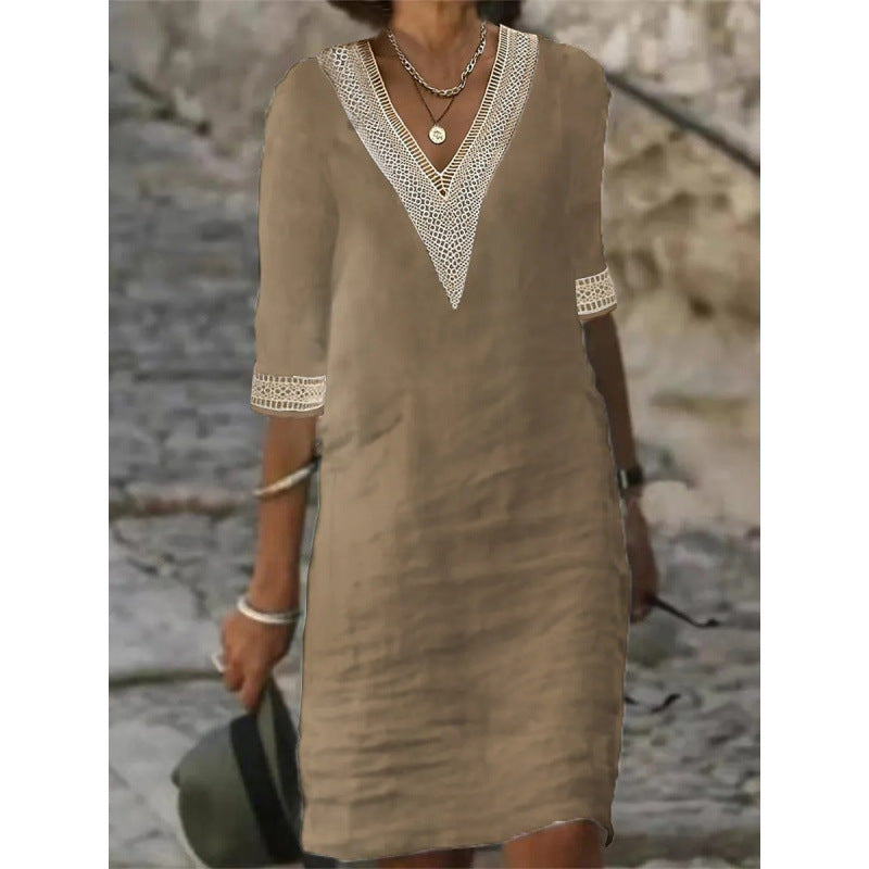 Damen Leichtes Leinen-Midikleid mit V-Ausschnitt und Häkelspitzenbesatz Drune