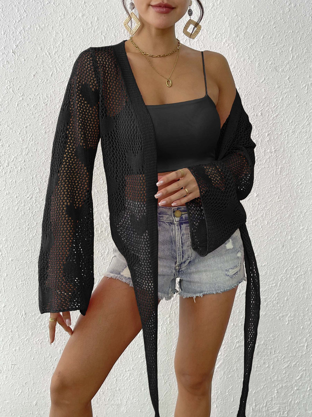 Damen luftiger Strick-Kimono mit offener Front und Kordelzug Drune