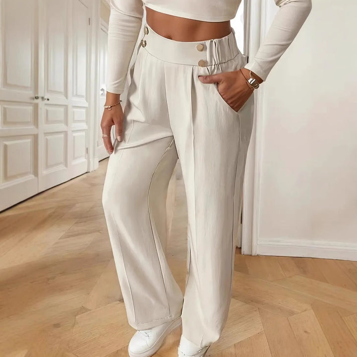 Damen Hochtaillierte weite Marlene-Hose mit Zierknopf-Bund und Bügelfalte Drune