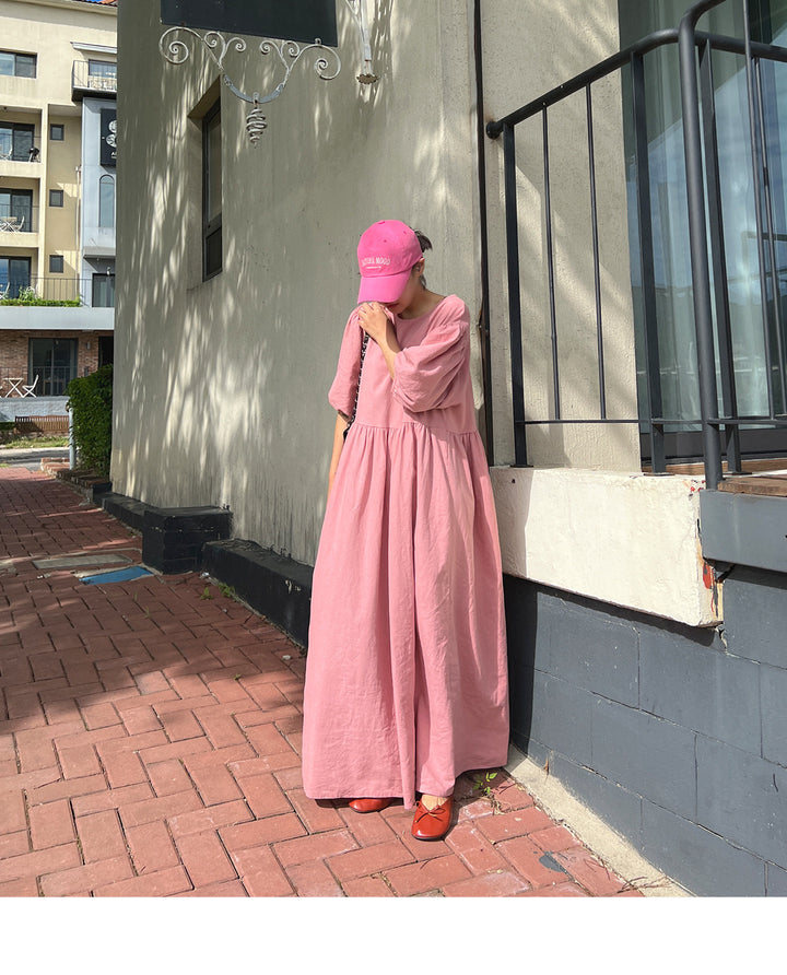 Damen Fließendes Maxikleid aus Leinenmix mit geraffter Taillennaht und Ballonärmeln Drune