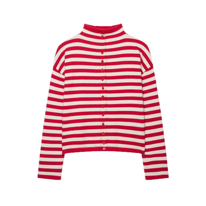 Damen Gestreifter Cropped-Strickcardigan mit Knopfleiste und Stehkragen Drune