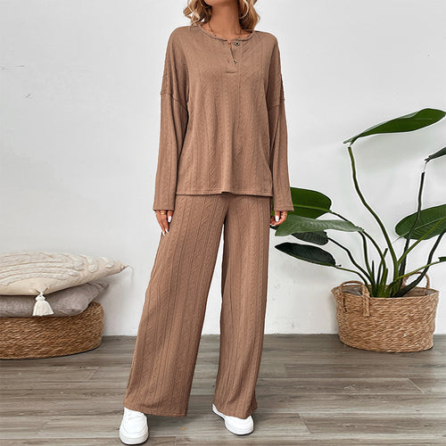 Damen Zweiteiliges Strick-Loungewear-Set mit Wide‑Leg-Hose und Henley-Oberteil Drune