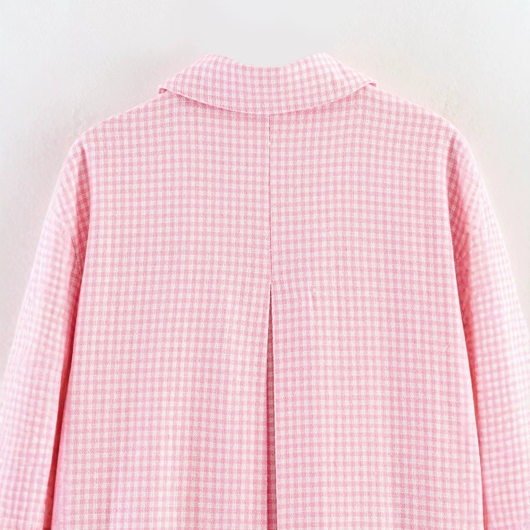 Damen Oversize-Kurzjacke mit kleinem Karo, aufgesetzten Taschen und Dekoknöpfen Drune