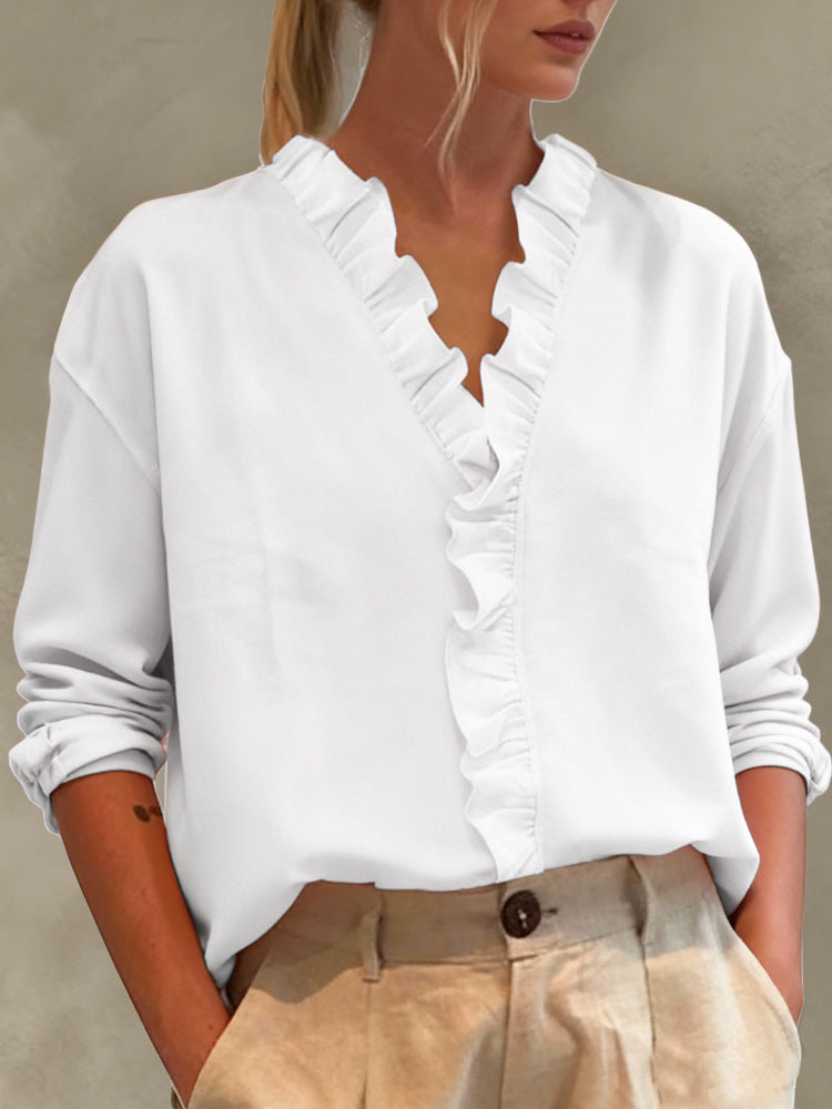 Damen Elegante V-Ausschnitt Bluse mit Volantbesatz und lockerem Oversize-Schnitt Drune