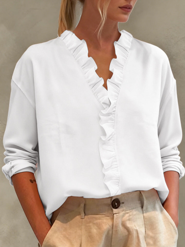 Damen Elegante V-Ausschnitt Bluse mit Volantbesatz und lockerem Oversize-Schnitt Drune