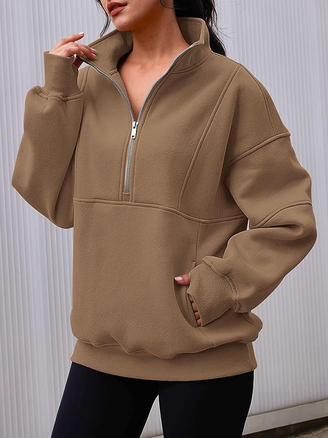 Damen Oversized Sweatshirt mit halbem Reißverschluss, Kängurutasche und Stehkragen Drune