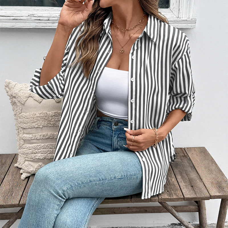 Damen Lässige Streifenbluse mit Knopfdetails Drune