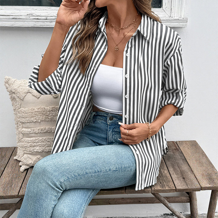 Damen Lässige Streifenbluse mit Knopfdetails Drune