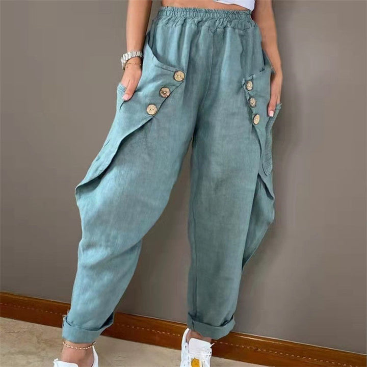 Damen lässige Sommerhose mit Knopfdetails und praktischen Seitentaschen Drune