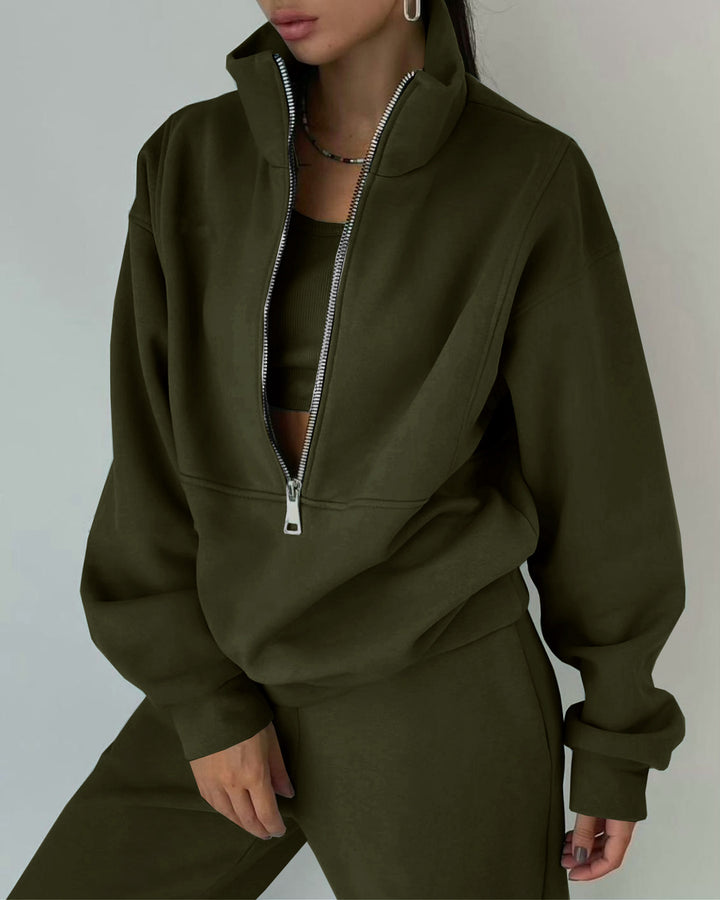 Damen Oversized Halbzip-Sweatshirt mit Stehkragen und passender High-Waist-Jogginghose Drune