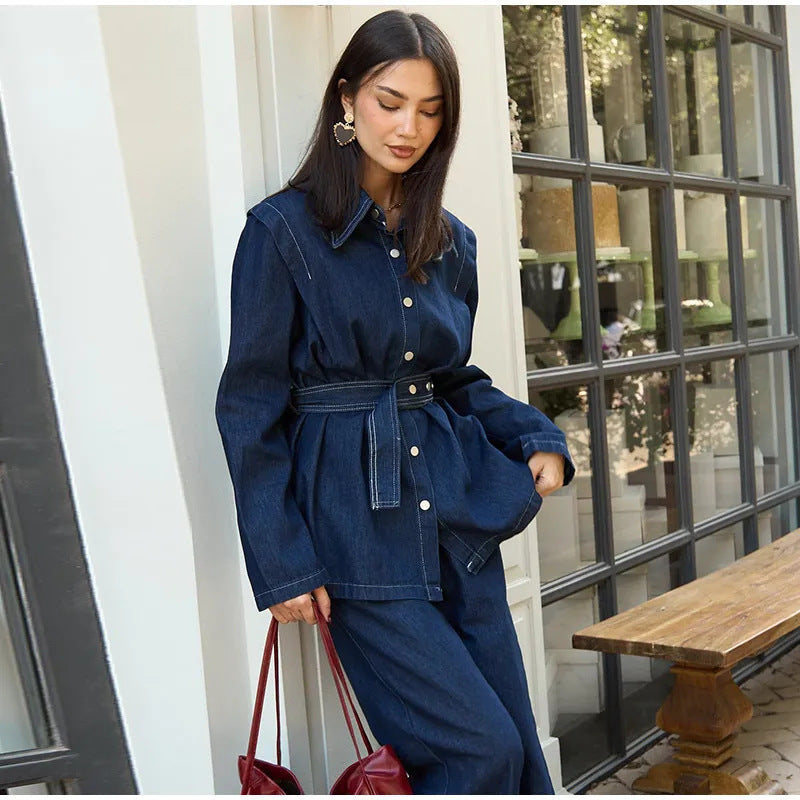 Damen modischer Jeansmantel mit tailliertem Gürtel Drune