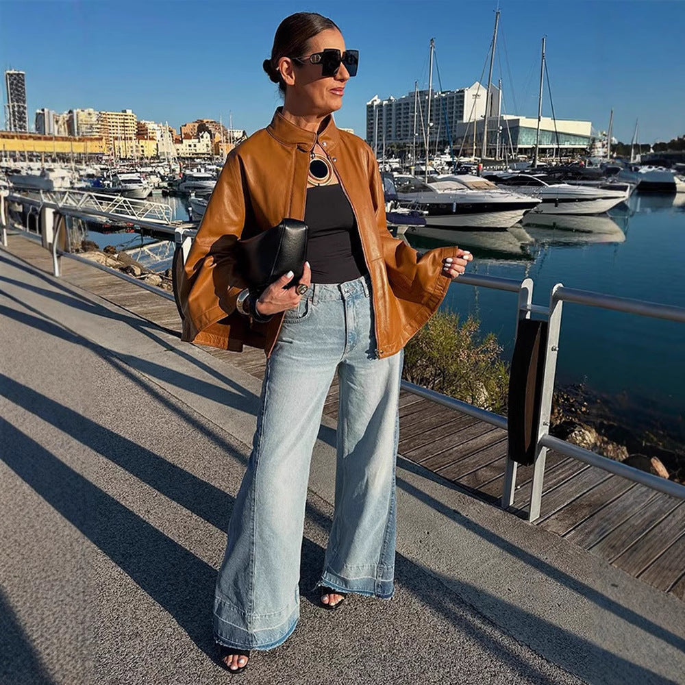 Damen Cape-Ärmige Lederjacke mit Stehkragen Drune