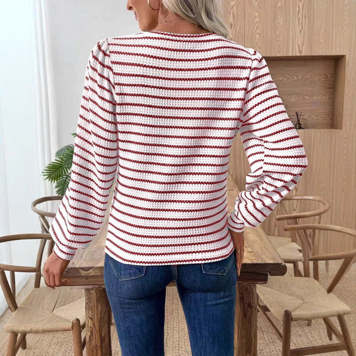 Damen Gestreiftes Feinstrick-Longsleeve mit Strukturstrick und Rundhalsausschnitt Drune