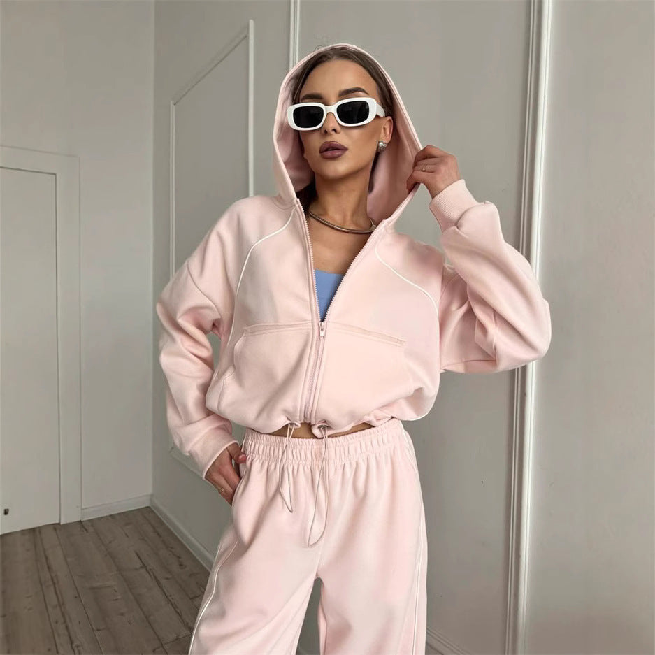 Damen kurzes Kapuzen-Sweatset mit Frontreißverschluss, kontrastierender Paspel und elastischer Highwaist-Jogger Drune