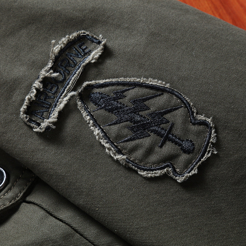 Herren Robust geschnittene Canvas-Combatjacke mit Patches, Stehkragen und Multifunktionspattentaschen Drune