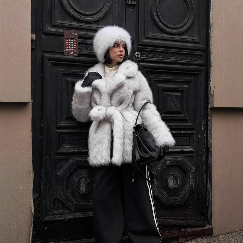 Damen Voluminöser Kurzmantel aus Kunstfell mit Taillengürtel und Oversize-Schalkragen Drune