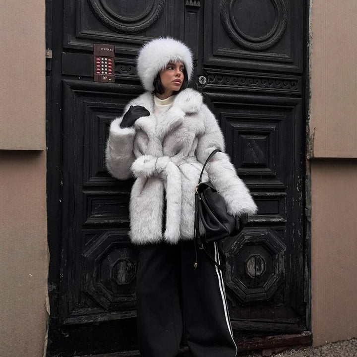 Damen Voluminöser Kurzmantel aus Kunstfell mit Taillengürtel und Oversize-Schalkragen Drune