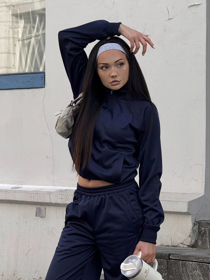 Damen Cropped-Trainingsjacke und hochtaillierte Jogginghose Set aus funktionalem Polyester Drune