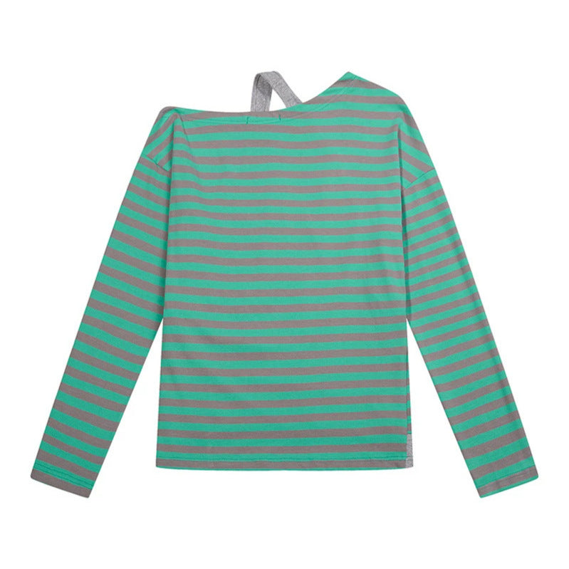 Damen Gestreiftes Langarmshirt mit asymmetrischem Ausschnitt, Lagenoptik und Metallic-Print Drune
