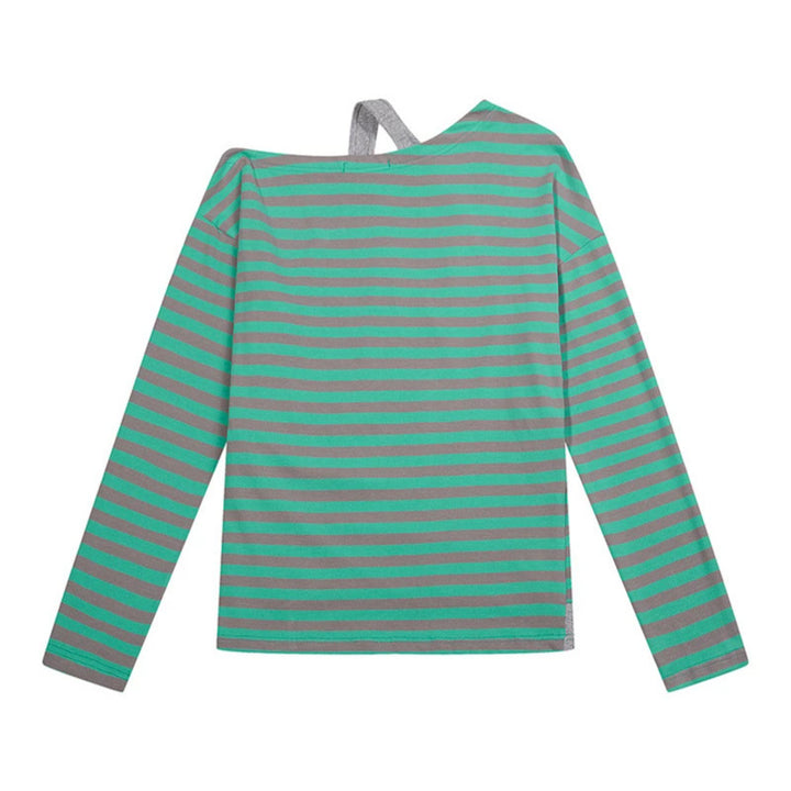 Damen Gestreiftes Langarmshirt mit asymmetrischem Ausschnitt, Lagenoptik und Metallic-Print Drune