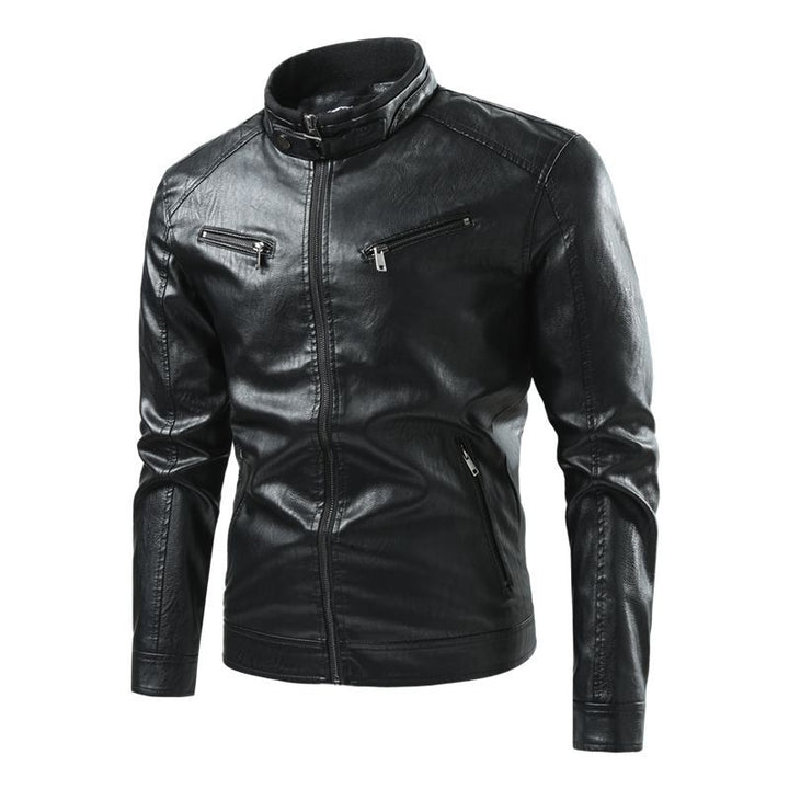 Herren Moderne Kunstlederjacke mit Stehkragen und Reißverschlusstaschen Drune