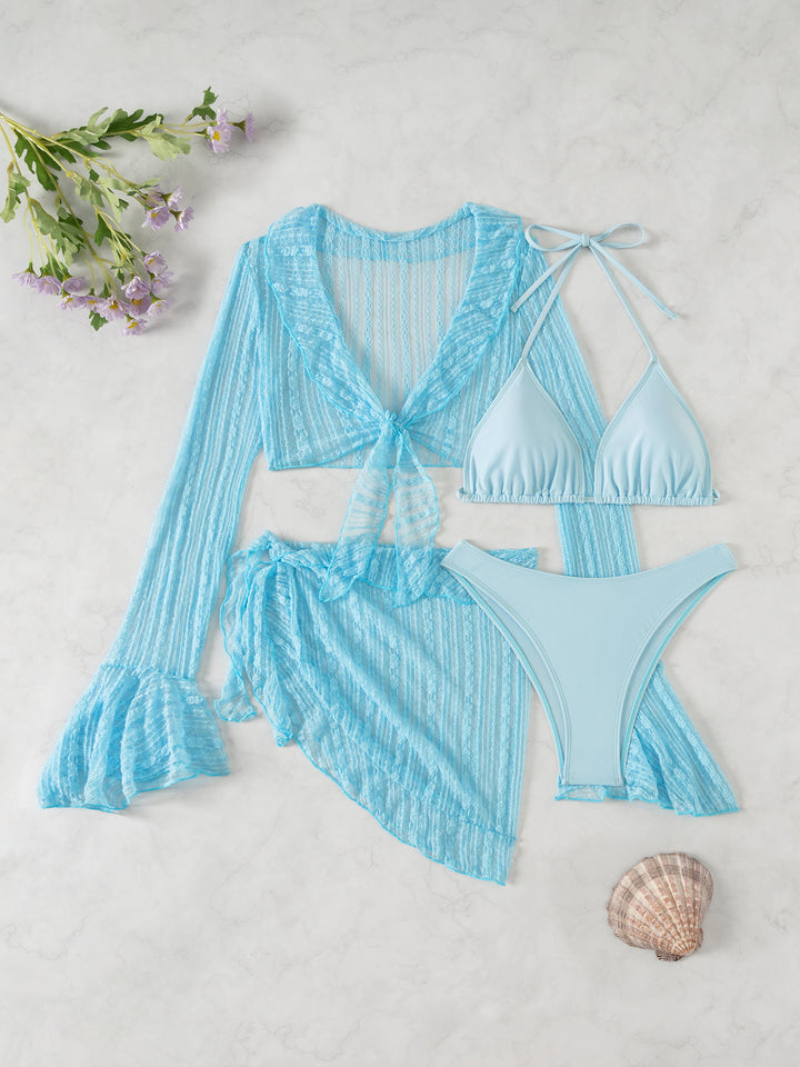 Damen Bikini-Set mit transparentem Oberteil, hohem Taillenslip und luftigem Rock Drune
