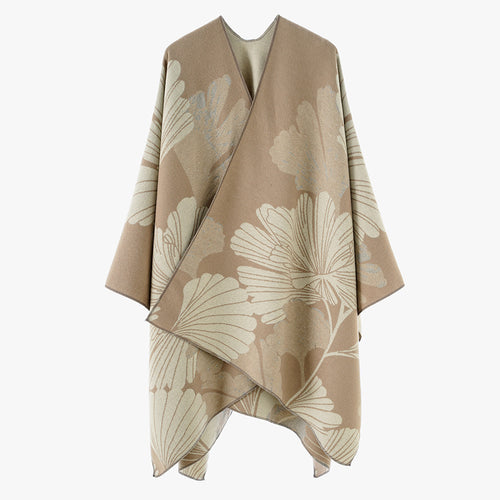 Damen Jacquard‑Capeponcho mit großflächigem Blatt‑Jacquard und offenem Wickelschnitt Drune