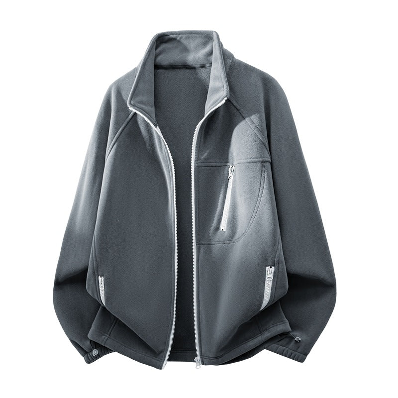 Unisex Leichte Fleecejacke mit Stehkragen, Raglanärmeln und multiplen Reißverschlusstaschen Drune
