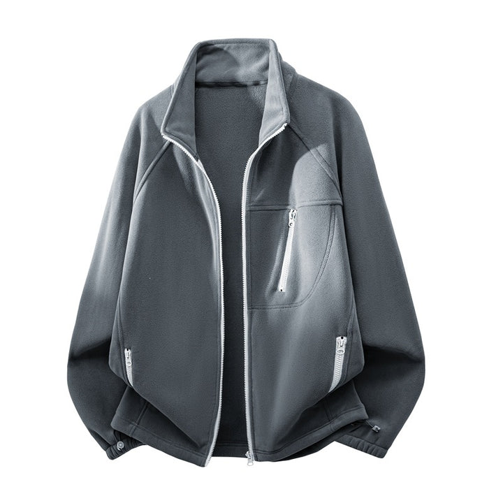 Unisex Leichte Fleecejacke mit Stehkragen, Raglanärmeln und multiplen Reißverschlusstaschen Drune