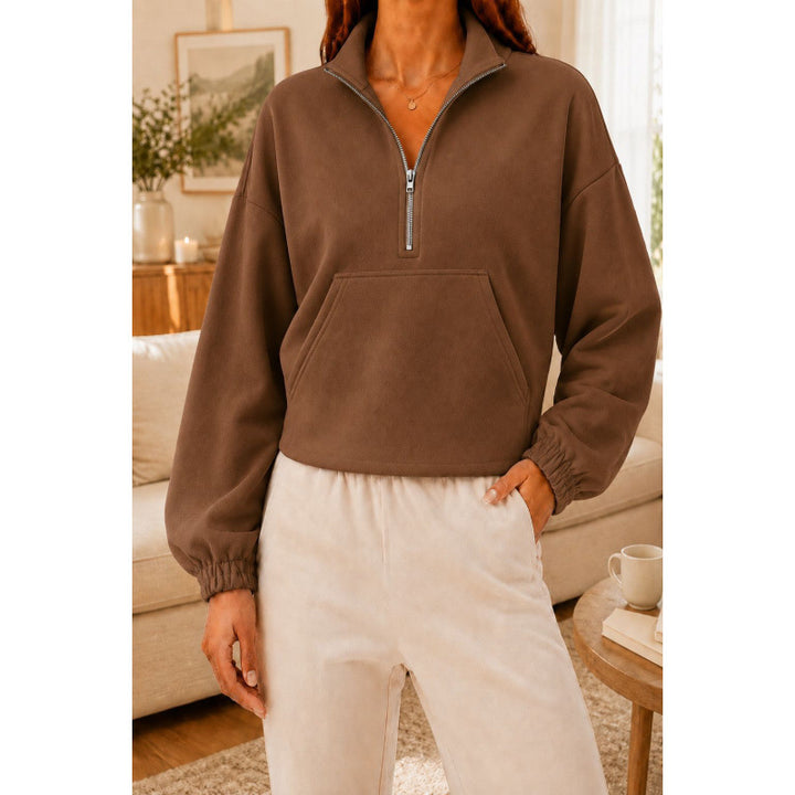 Damen Kurz geschnittener Sweatshirt-Pullover mit halbem Reißverschluss und Kängurutasche Drune