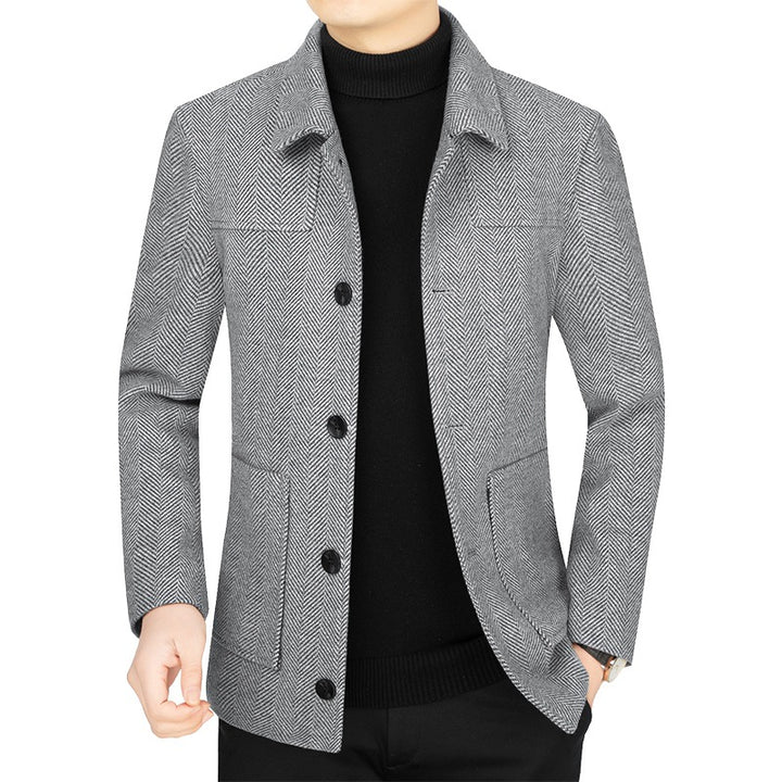 Herren Fischgrät-Übergangsjacke mit Stehkragen und aufgesetzten Taschen Drune