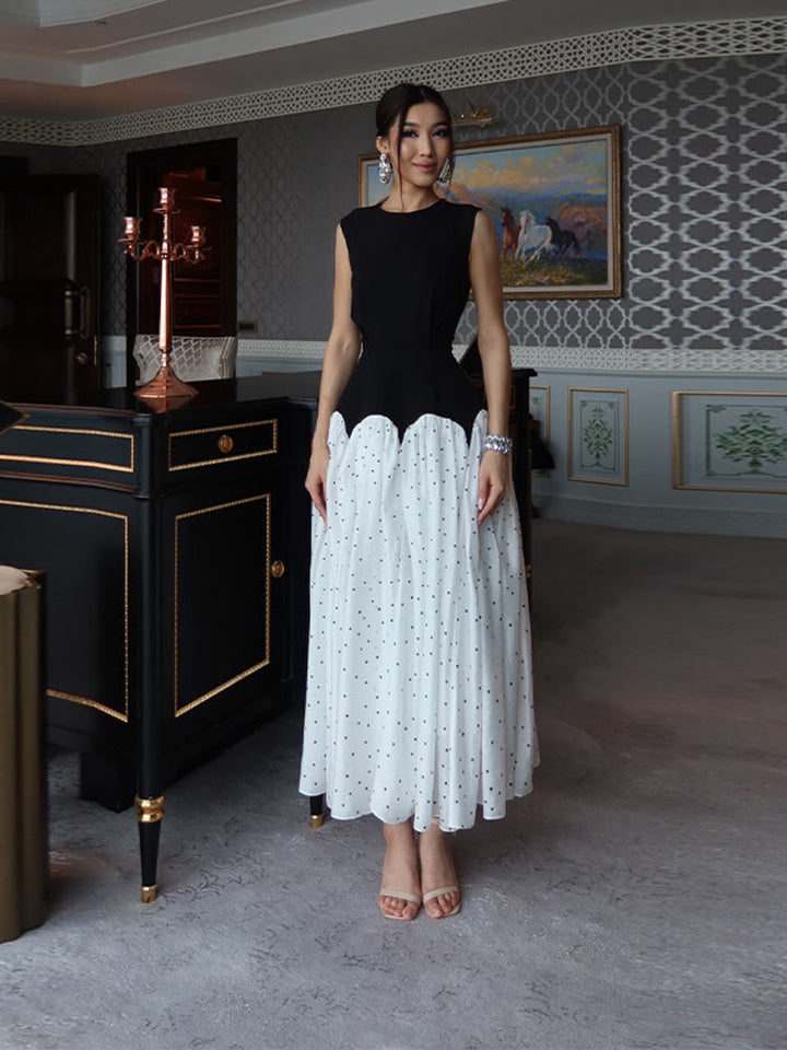 Damen elegantes Maxikleid mit gepunktetem Rockteil und tailliertem Oberteil Drune