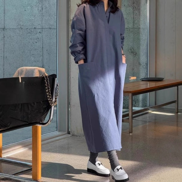Damen Langes Oversize-Hemdblusenkleid aus Baumwollpopeline mit seitlichen Eingrifftaschen und Rückenpasse Drune
