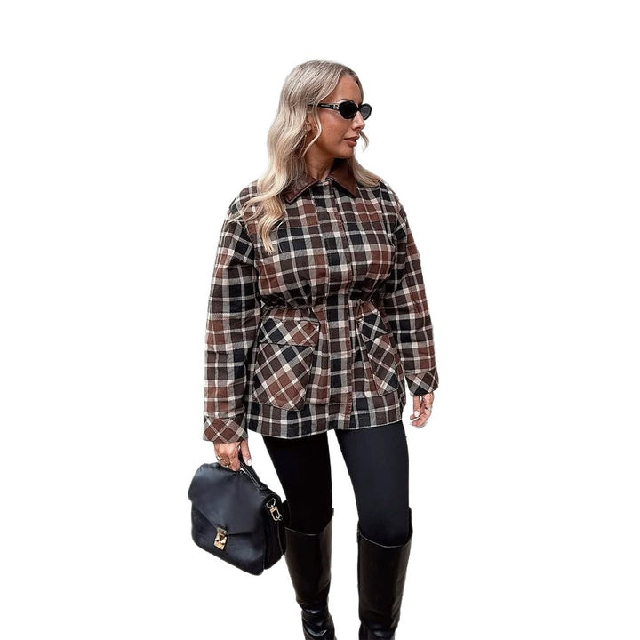 Damen Karierter Shacket mit Taillen-Kordel, Pattentaschen & Lederoptik-Kragen Drune