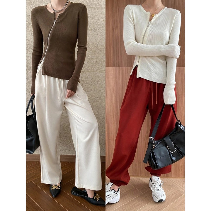 Damen eleganter Strickpullover mit Reißverschluss und schmalem Schnitt Drune