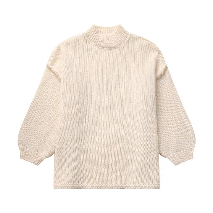 Damen Grobstrick-Pullover mit Stehkragen, überschnittenen Schultern und Ballonärmeln Drune