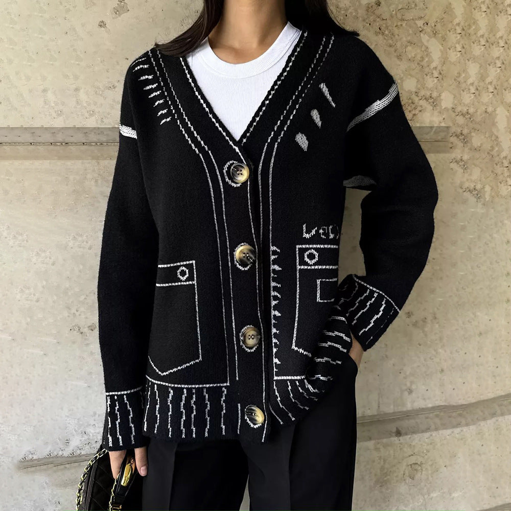 Damen lässige Strickjacke mit grafischem Muster Drune