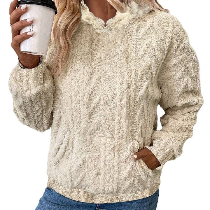 Damen nan kuscheliger Teddyfleece-Pullover mit Kängurutasche und leichtem Stehkragen Drune