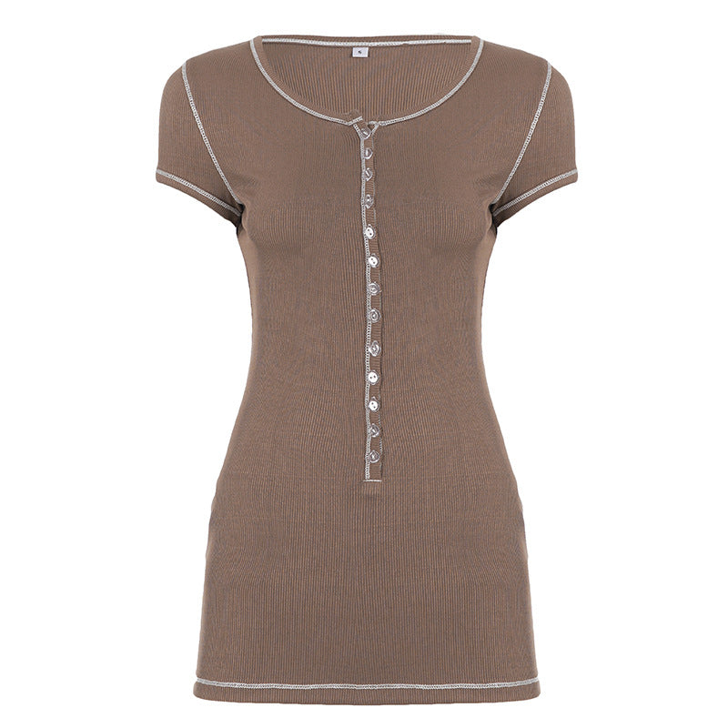 Damen Kurzarm T-Shirt mit Knopfdetails und feiner Rippstruktur Drune