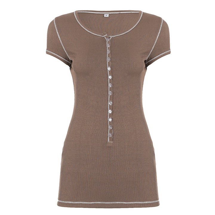 Damen Kurzarm T-Shirt mit Knopfdetails und feiner Rippstruktur Drune
