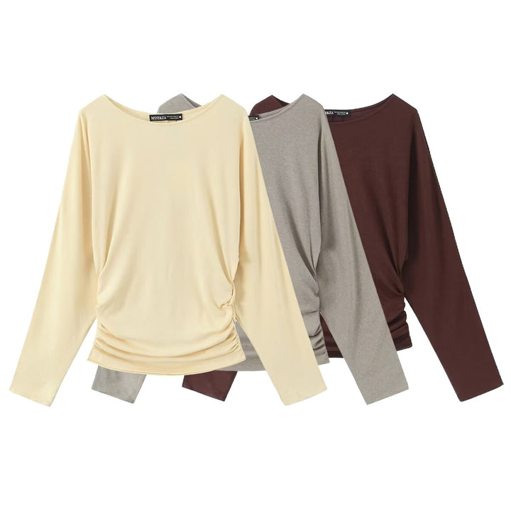 Damen Langarmshirt mit seitlicher Raffung und überschnittenen Schultern Drune