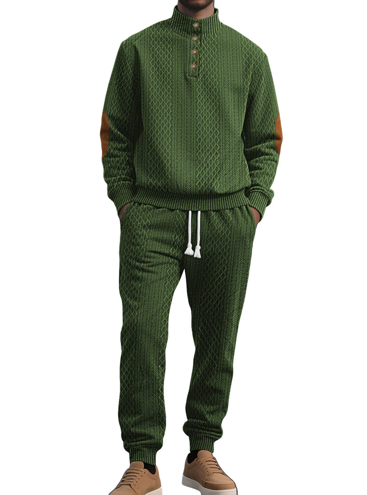 Herren nan strukturiertes Strick-Freizeitset mit Halbknopf-Stehkragen Wildleder-Ellbogenpatches und Kordelbund-Jogger Drune