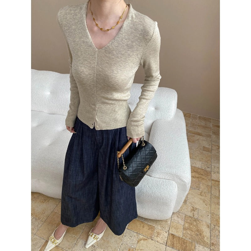 Damen feiner V-Ausschnitt Strickpullover mit Knopfleiste und schmalem Schnitt Drune