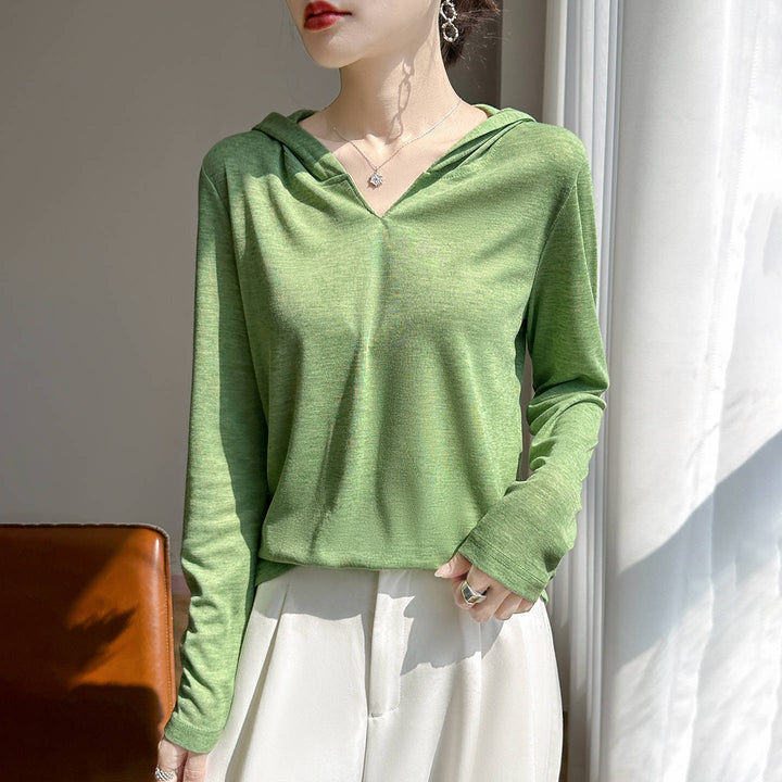 Damen Leichter Kapuzenpullover mit V‑Ausschnitt und feinem Jersey Drune